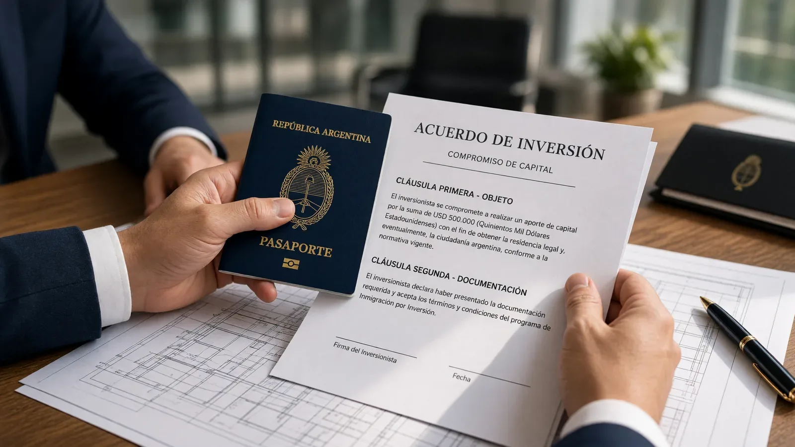Manos sosteniendo pasaporte argentino y documento de acuerdo de inversión sobre escritorio