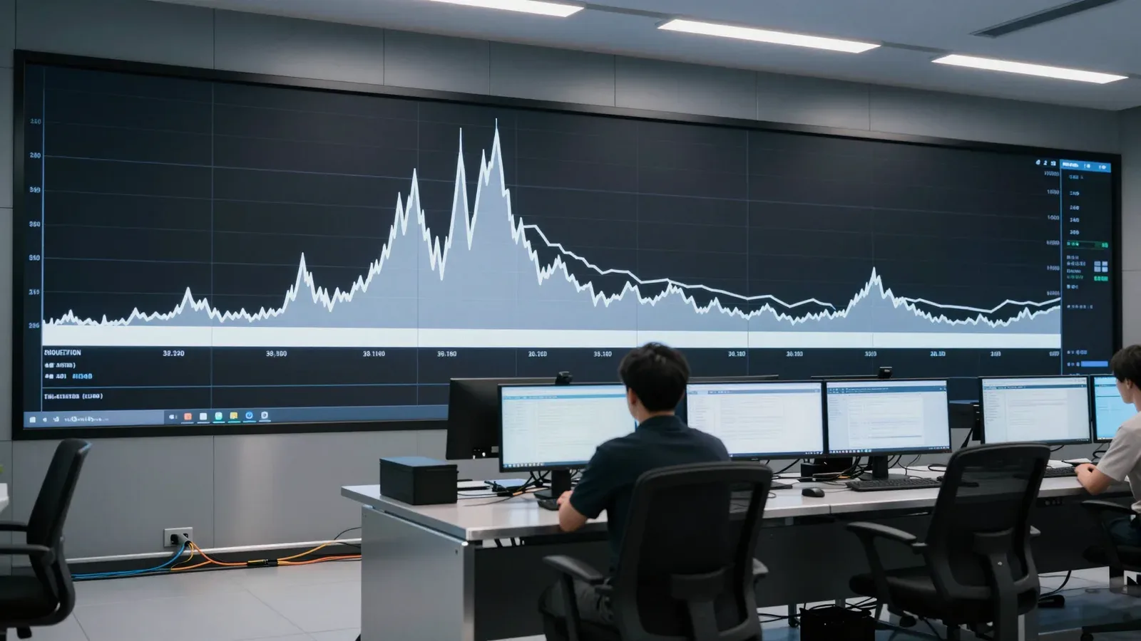 Analistas financieros observan un gráfico de volatilidad extrema en una pantalla gigante dentro de una sala de operaciones.
