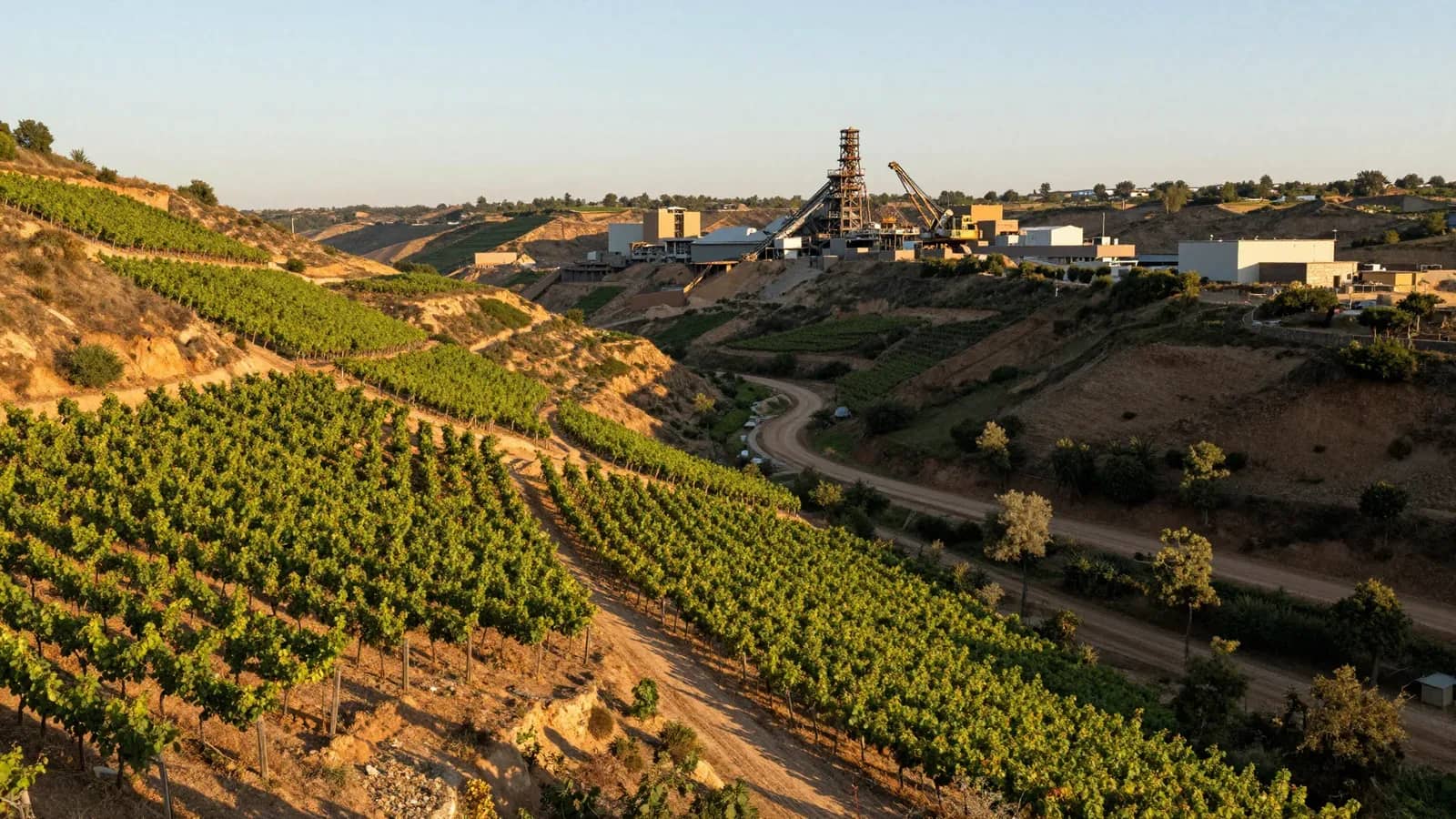 Vista aérea de una planta de procesamiento minero instalada en colinas semiáridas con viñedos en primer plano.
