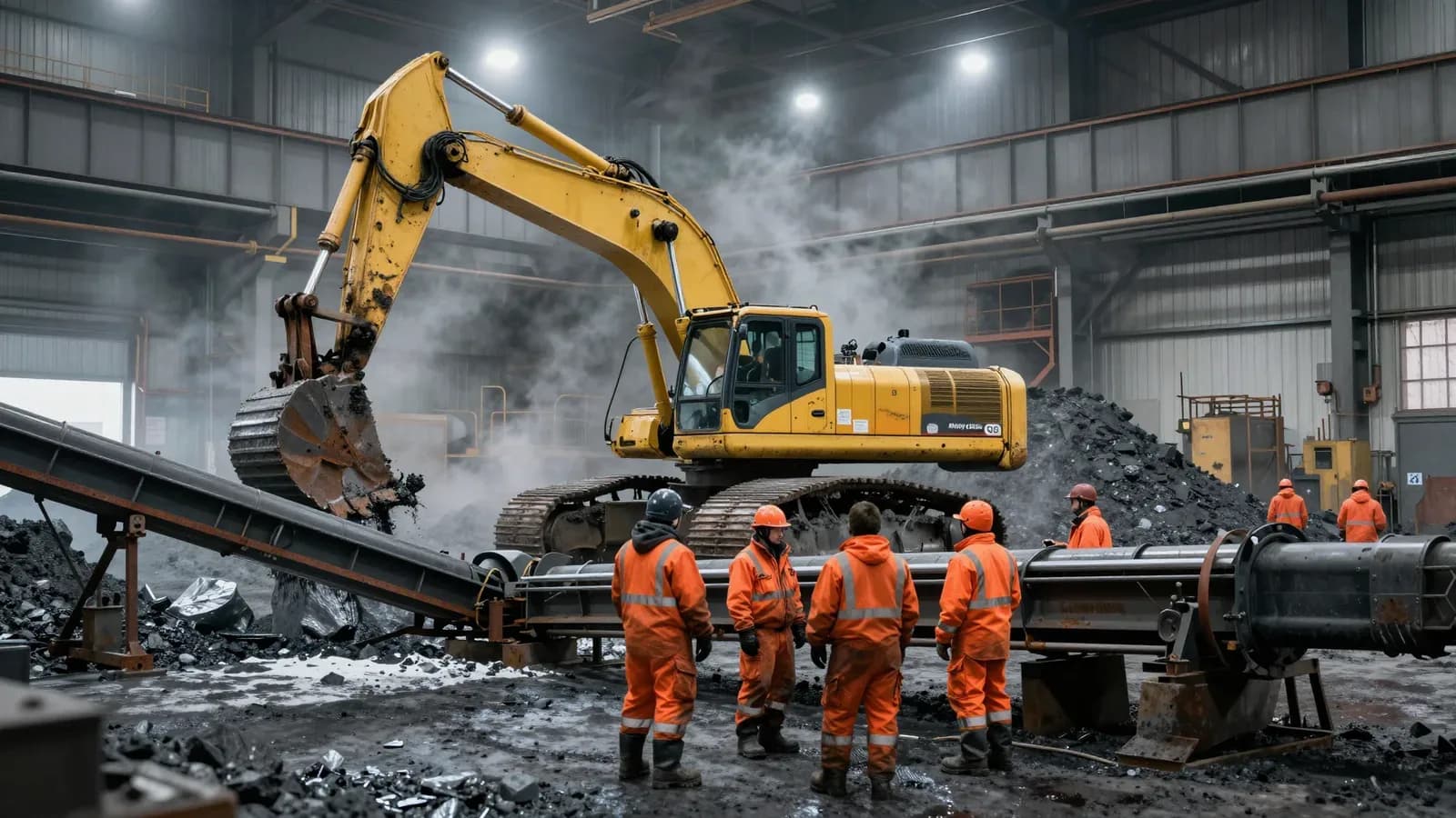 Interior de una planta industrial con maquinaria pesada amarilla y trabajadores en uniformes naranjas inspeccionando el proceso.