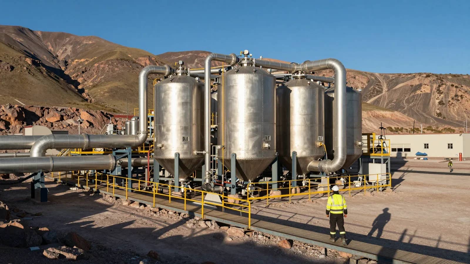 Instalaciones industriales de procesamiento de litio con tanques metálicos en un entorno montañoso árido.