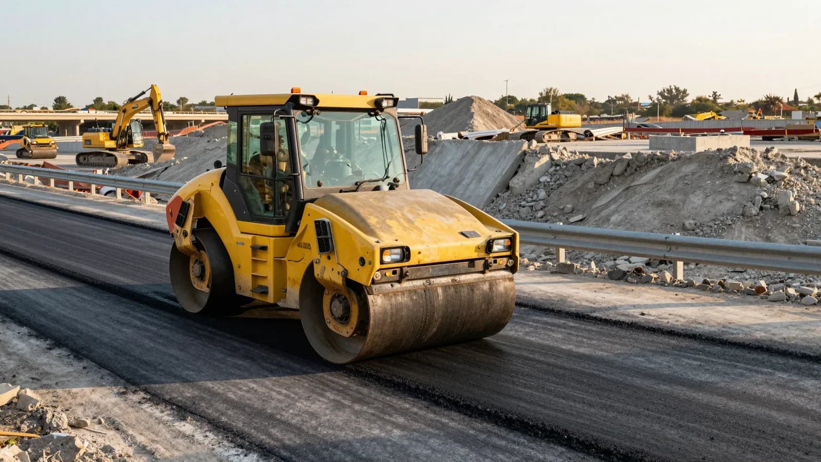 Rollo compactador de asfalto en obra vial con maquinaria pesada y montones de áridos