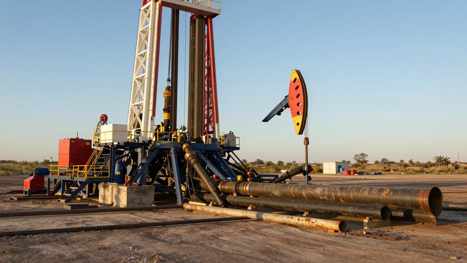 Equipo de perforación petrolera con torre de acero y tuberías de gran diámetro en operación en zona desértica