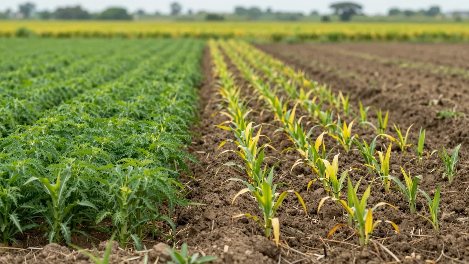 Vista de un campo agrícola con parcelas de trébol verde y plantas jóvenes que muestran signos de fitotoxicidad.