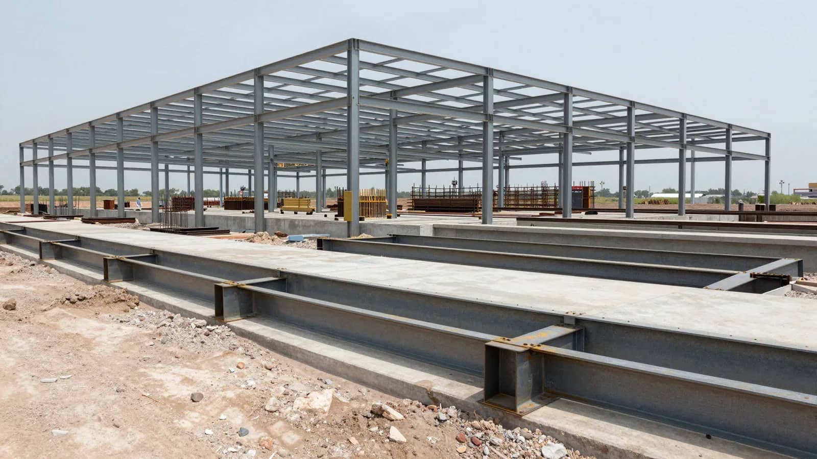 Estructura metálica de una planta industrial en construcción con cimientos de hormigón en primer plano