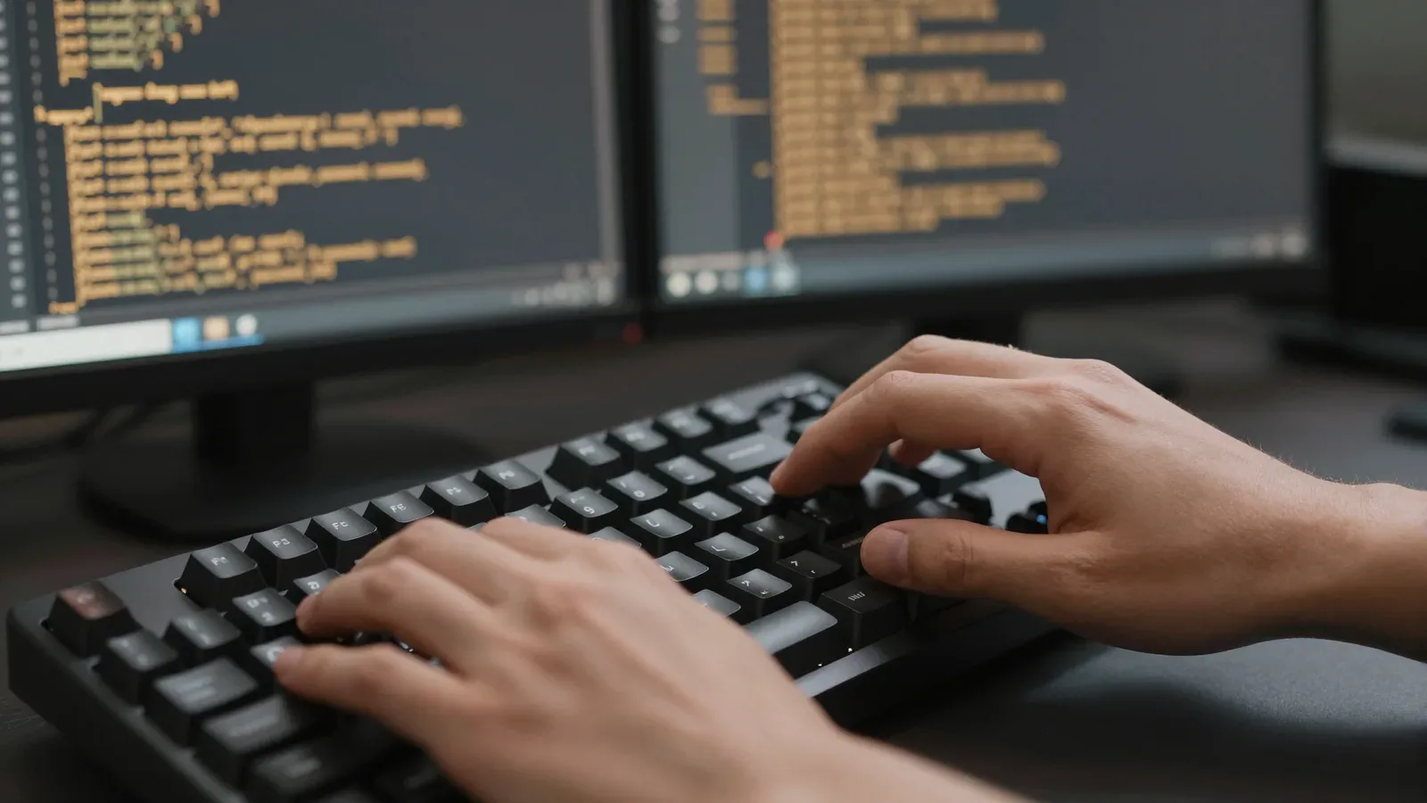 Manos escribiendo código en un teclado frente a monitores con líneas de programación.
