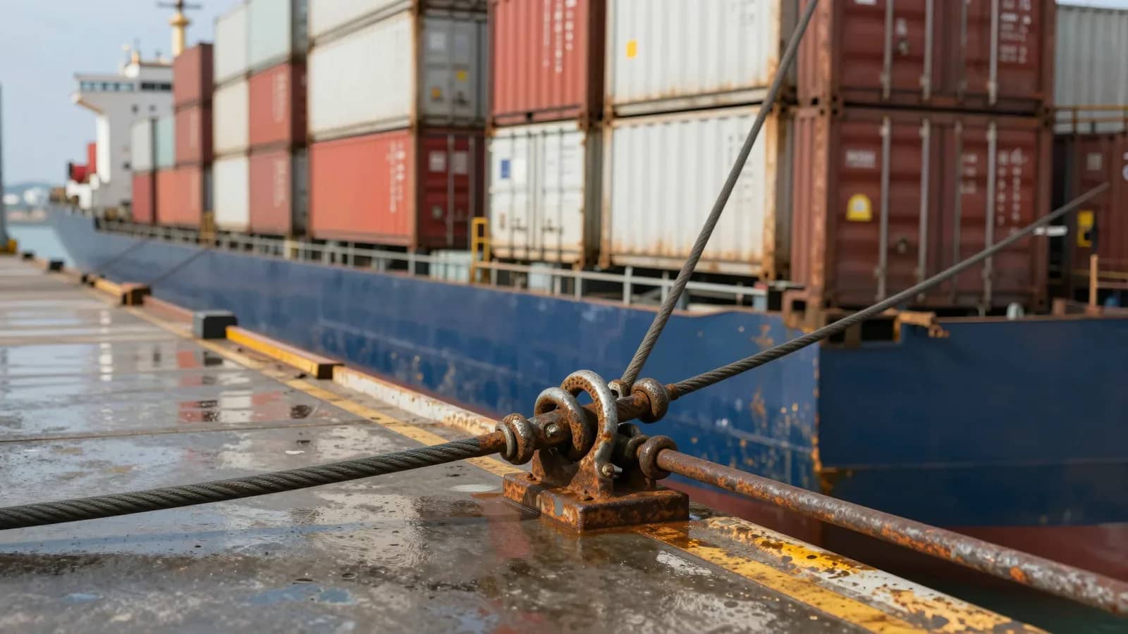 Primer plano de una amarradera oxidada y cables tensos junto a un muelle mojado, con un barco portacontenedores al fondo.