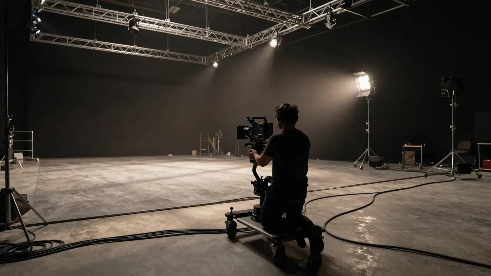Cinematógrafo en un estudio fotográfico oscuro con equipo de iluminación profesional