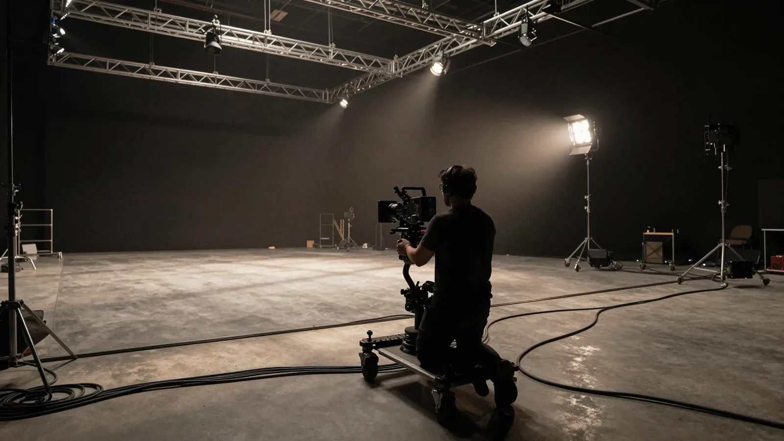 Cinematógrafo en un estudio fotográfico oscuro con equipo de iluminación profesional