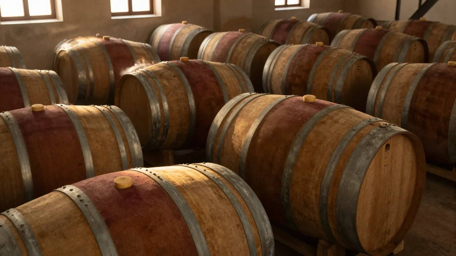 Barriles de roble apilados en una bodega de envejecimiento de vino, con luz natural incidiendo sobre los toneles de madera.