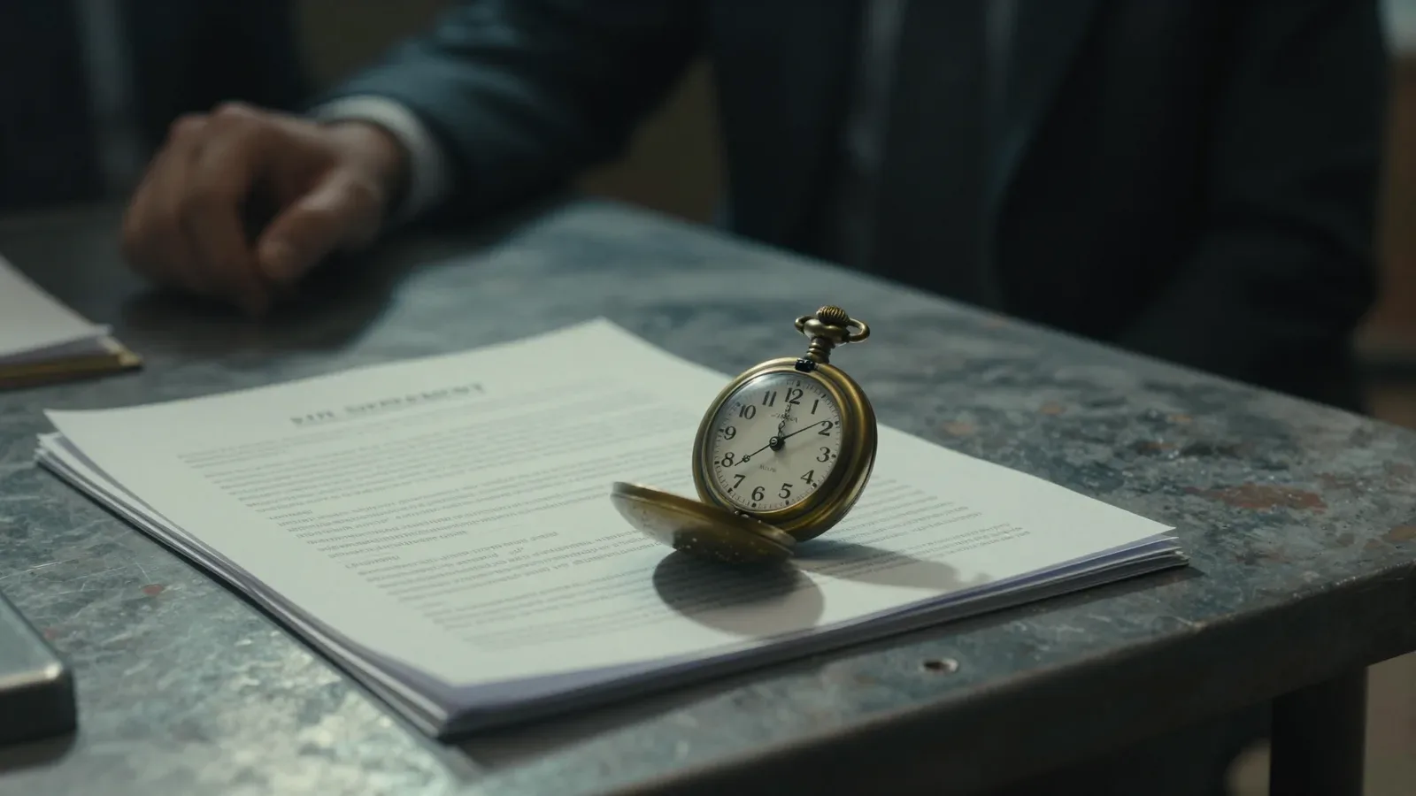 Un reloj de bolsillo sobre un documento legal en una mesa metálica con la mano de una persona al fondo.