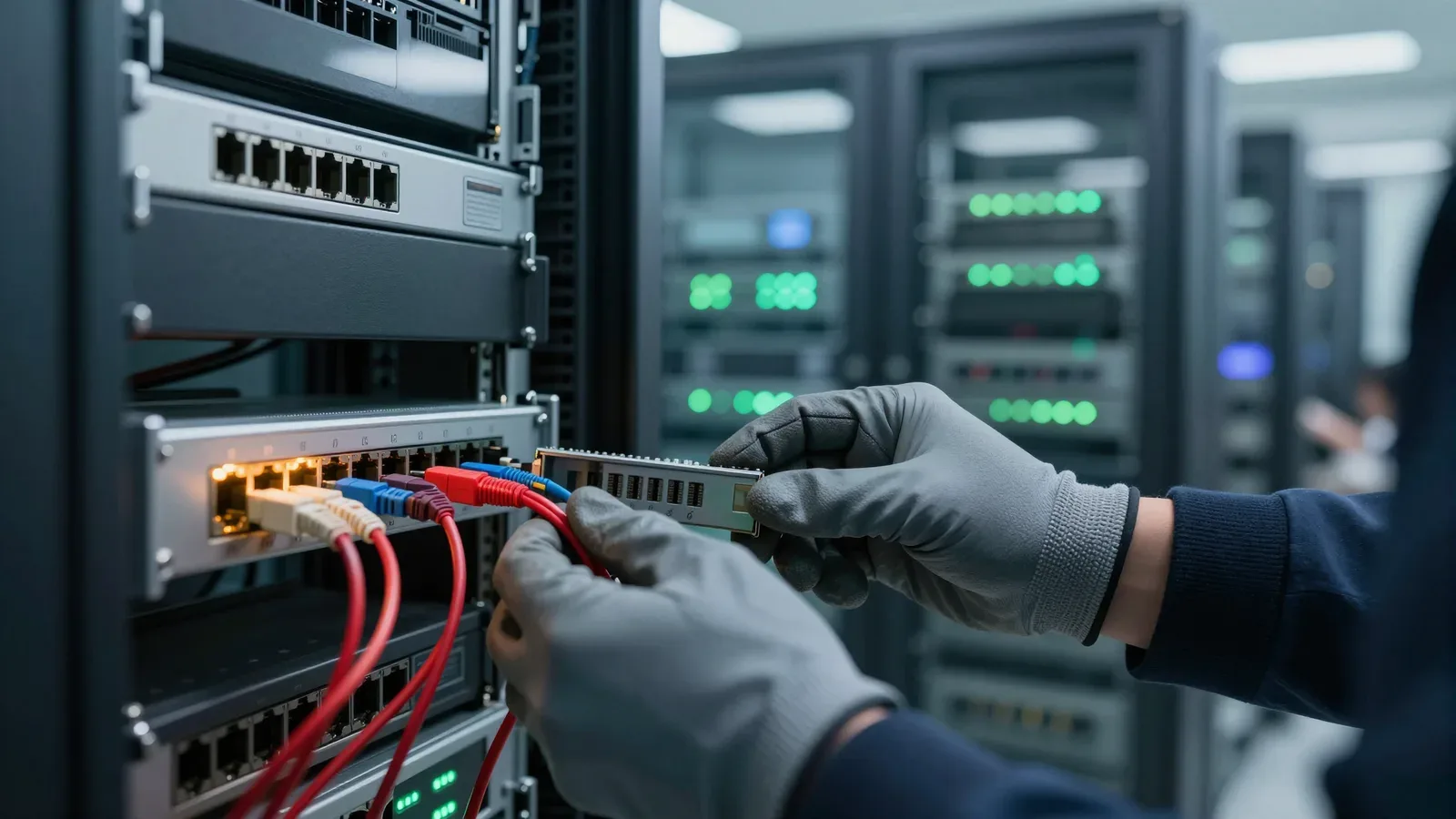 Técnico con guantes trabajando en un servidor con cables en un centro de datos