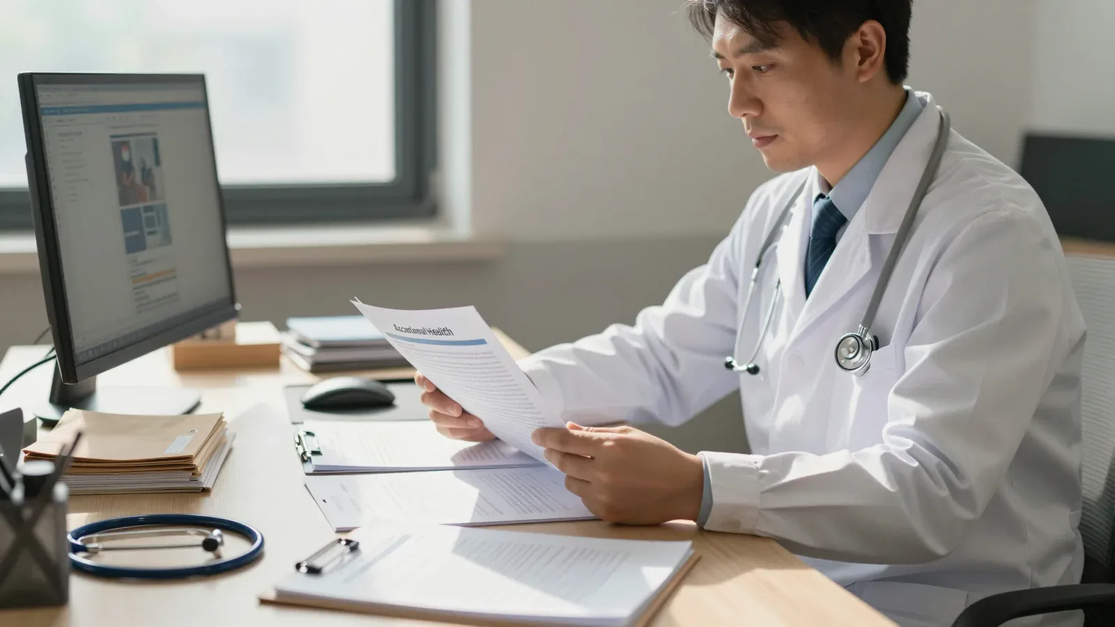 Médico profesional en consultorio revisando documentación médica en escritorio con computadora
