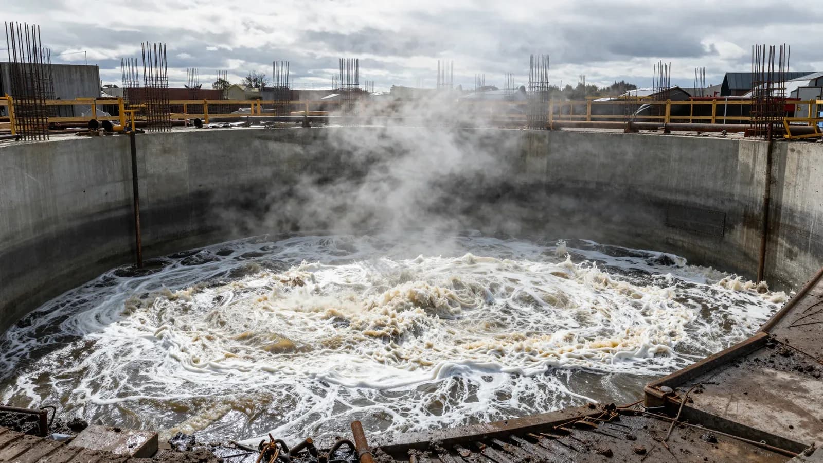 Vista de una planta de tratamiento de aguas residuales con un tanque circular lleno de agua turbia y espuma blanca, bajo un cielo nublado.