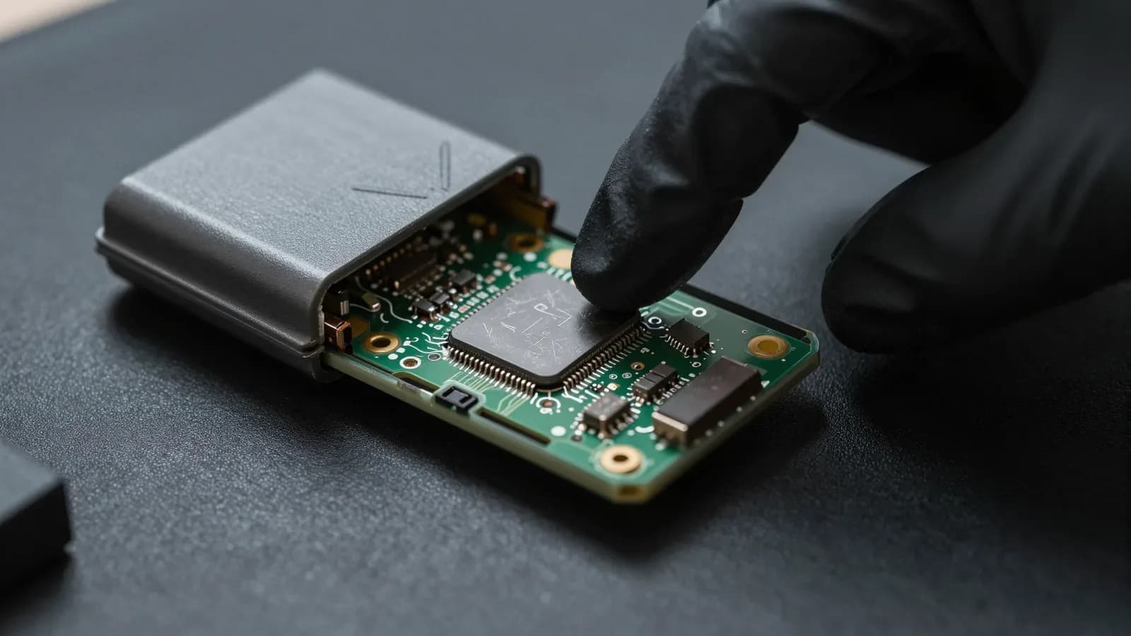 Mano con guante negro manipulando el circuito interno de un dispositivo electrónico abierto.