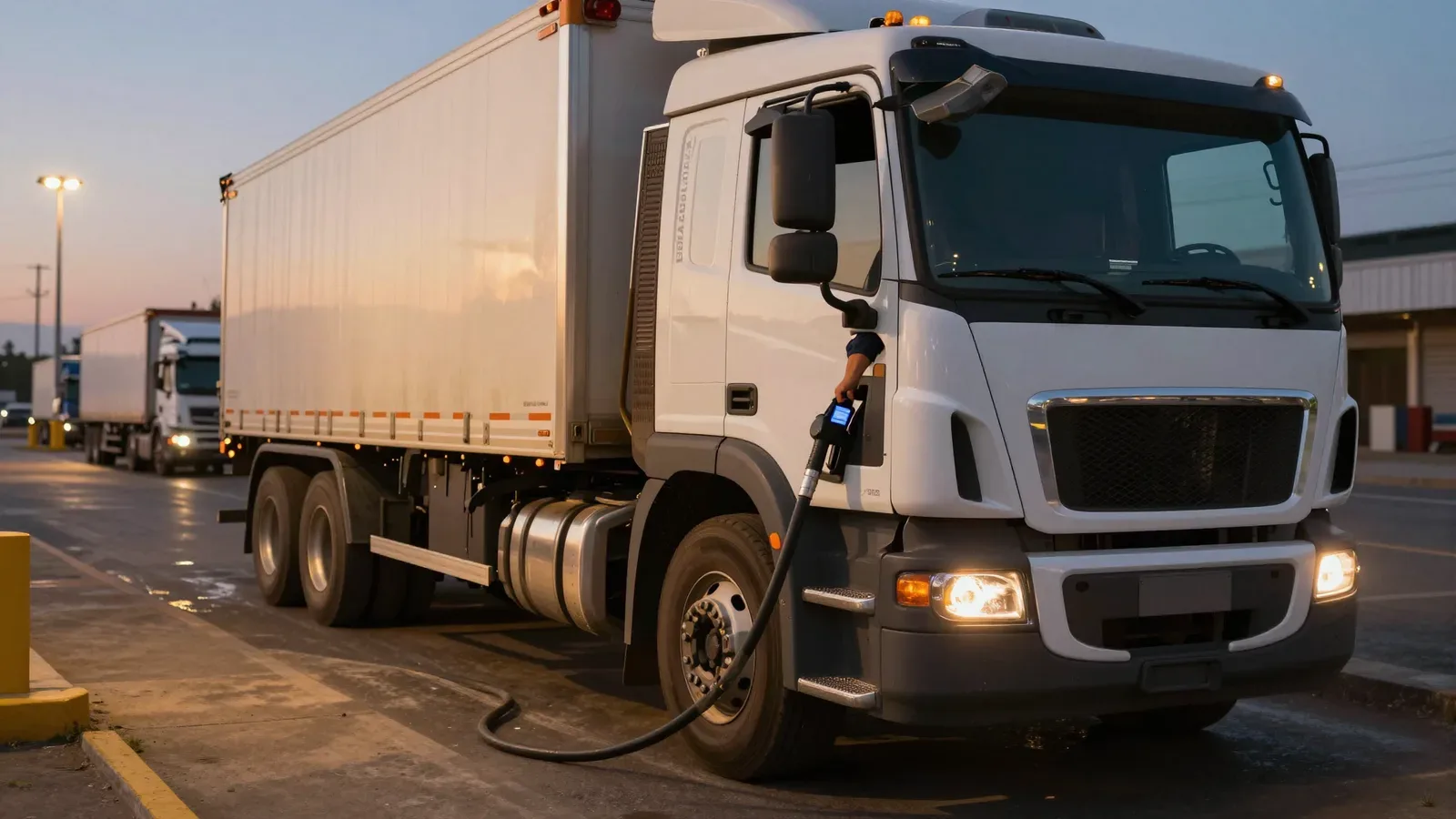Un camión blanco de gran tamaño se encuentra estacionado y cargando combustible en una terminal portuaria o área de servicio durante el atardecer.