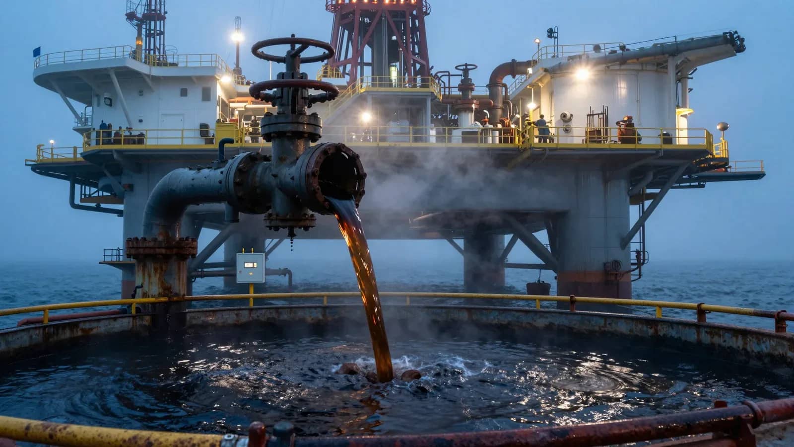 Plataforma petrolera offshore con tuberías de aceite fluyendo al mar durante la hora dorada