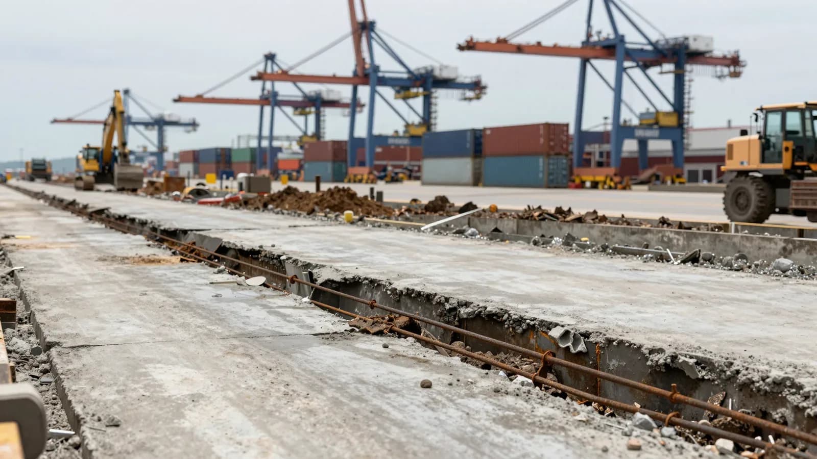Vista de un terminal portuario con grúas pórtico y contenedores en segundo plano, mostrando una superficie de hormigón con juntas expuestas y varillas de acero.