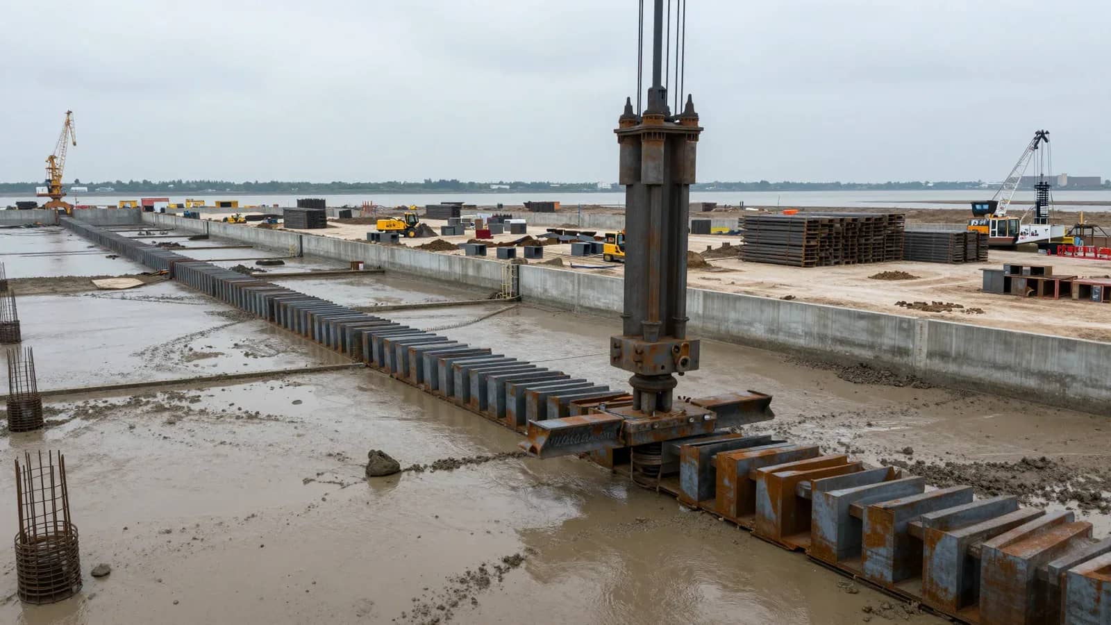 Vista de una obra portuaria con pilotes metálicos y maquinaria pesada en construcción.
