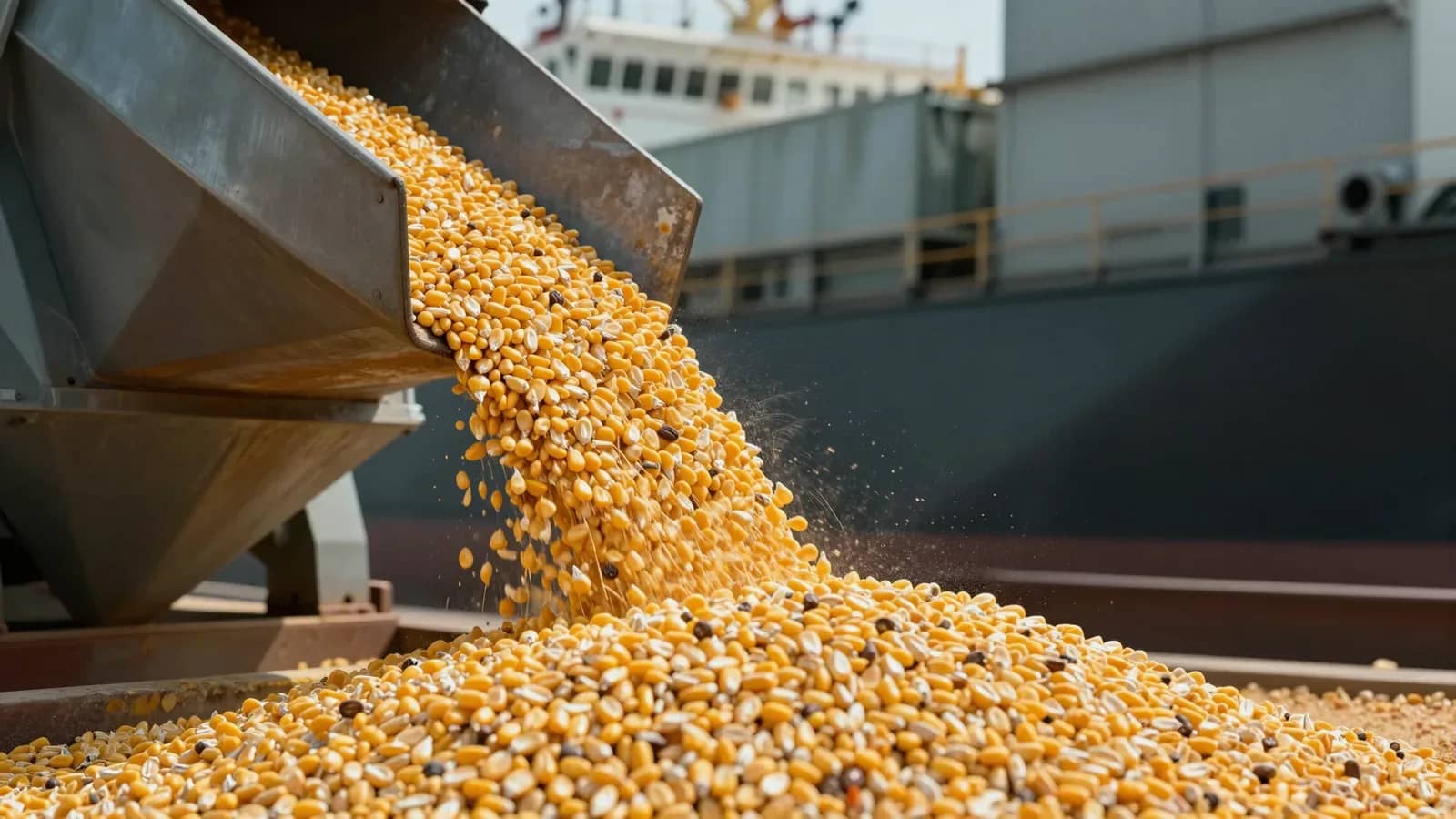 Descarga de granos de maíz desde un mecanismo industrial sobre un montón en un puerto