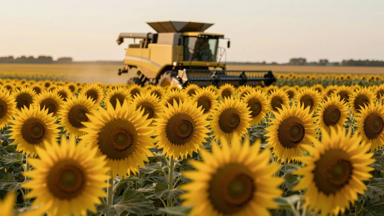 Cosechadora trabajando en un campo de girasoles bajo un cielo despejado.