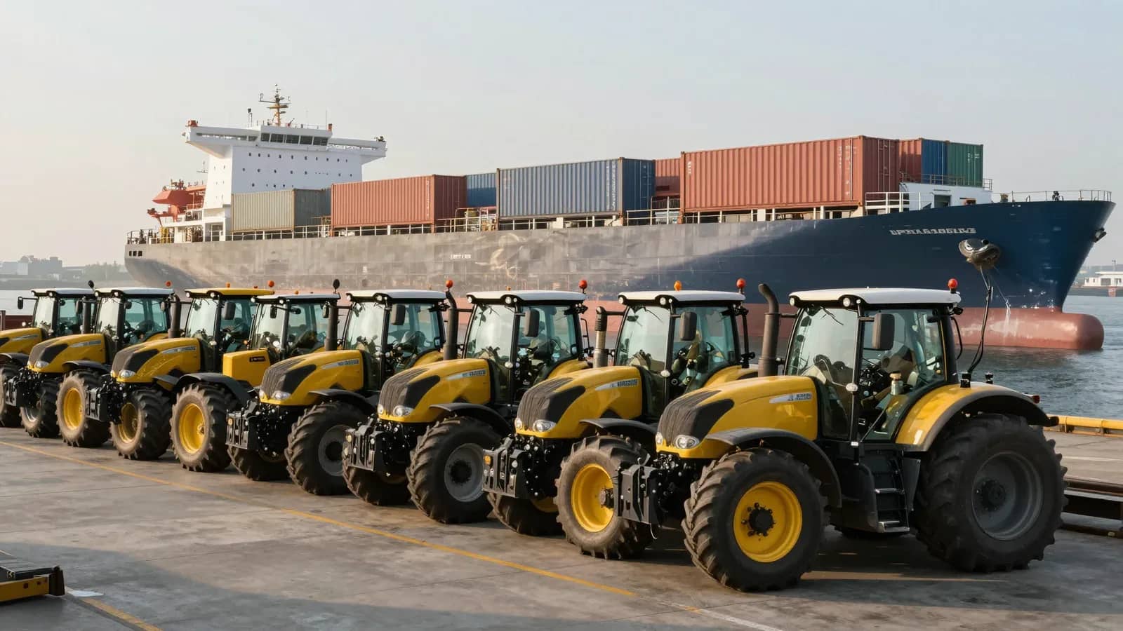 Fila de tractores agrícolas amarillos estacionados en un muelle junto a un gran buque contenedor.