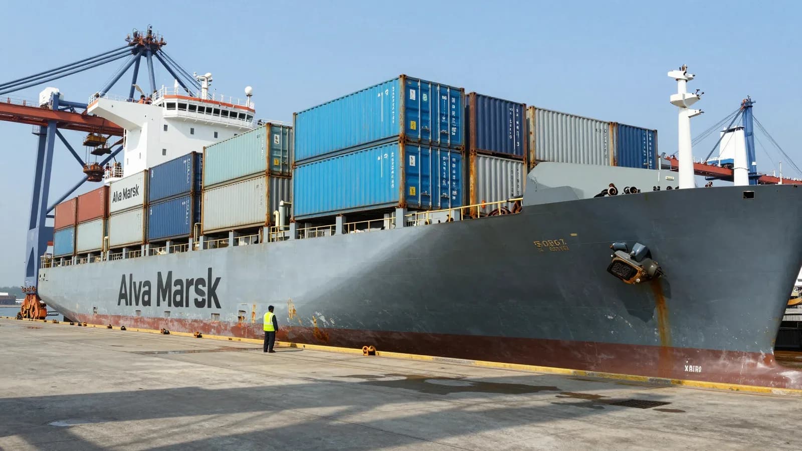 Buque portacontenedores Alva Marsk atracado en un puerto con grúas y contenedores apilados bajo cielo despejado.