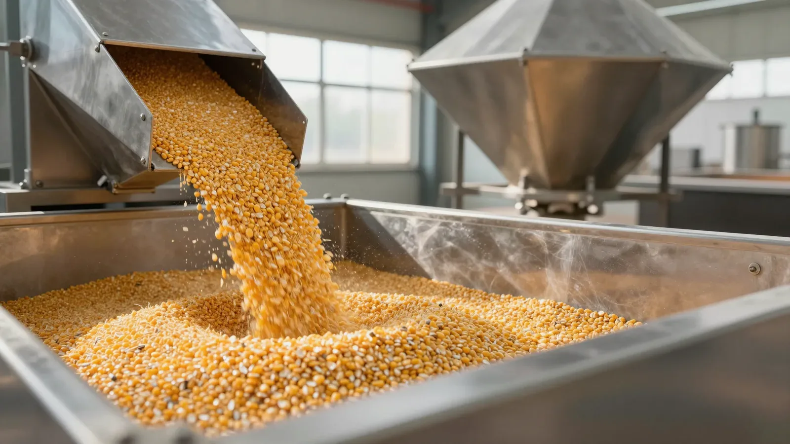 Grano de maíz cayendo desde una tolva industrial hacia un contenedor metálico en una planta procesadora.