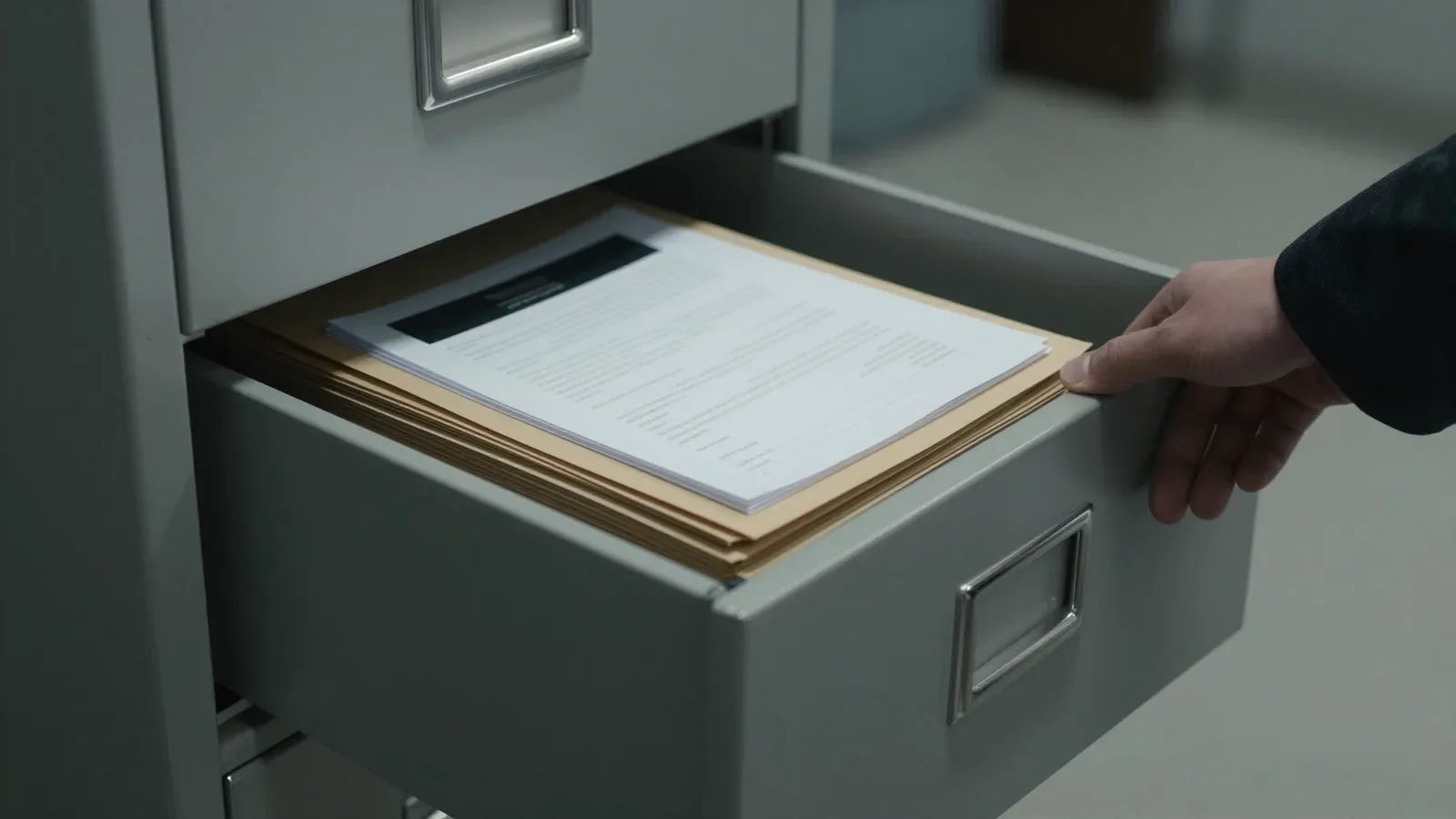 Mano abriendo un cajón de archivo con documentos