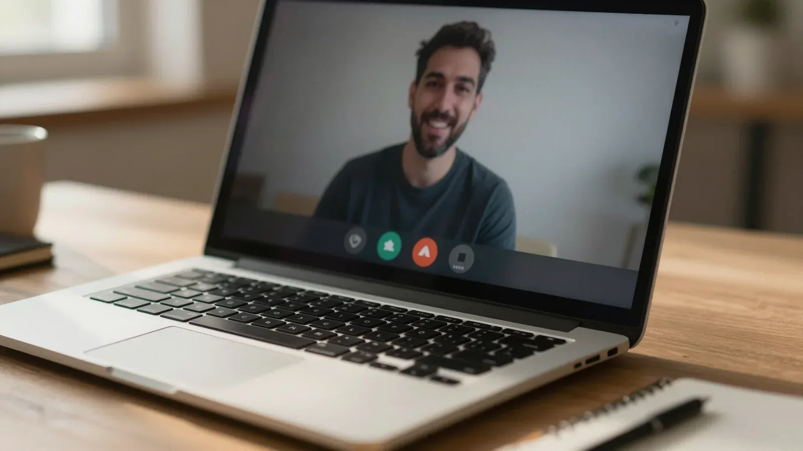 Portátil mostrando una videollamada con una persona sonriendo en la pantalla, con iconos de control visibles en la interfaz