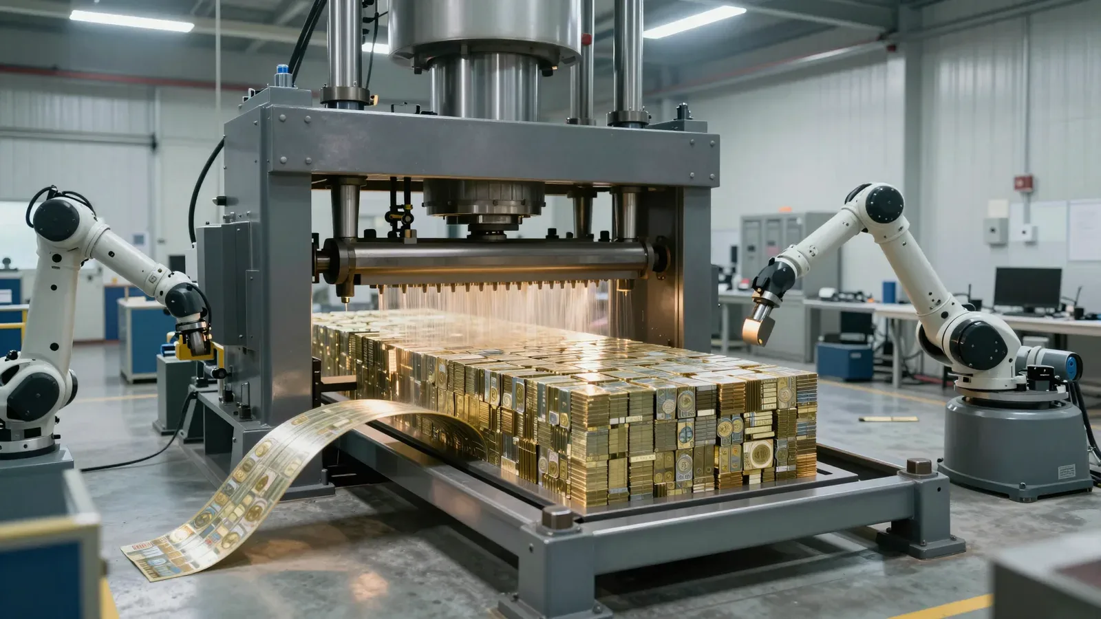 Proceso de fabricación automatizado que representa la creación de valor y activos financieros en el sector industrial.