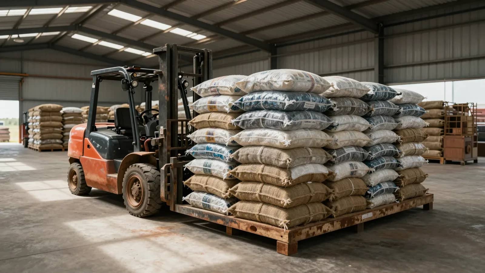 Carretilla elevadora en un almacén industrial con una paletizada de sacos de insumos agrícolas.