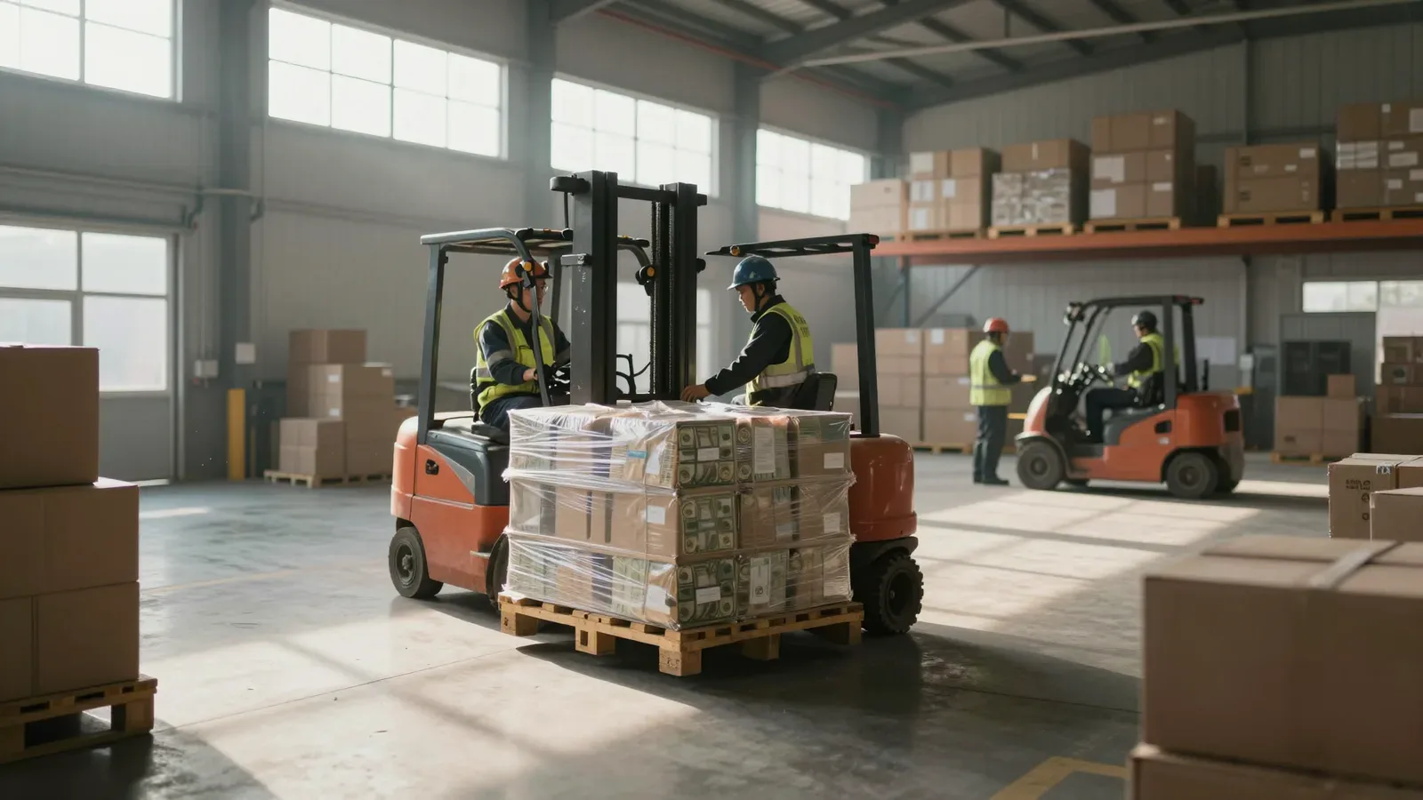 Trabajadores en almacén moviendo paletas de carga con montacargas, representando la logística y el consumo.