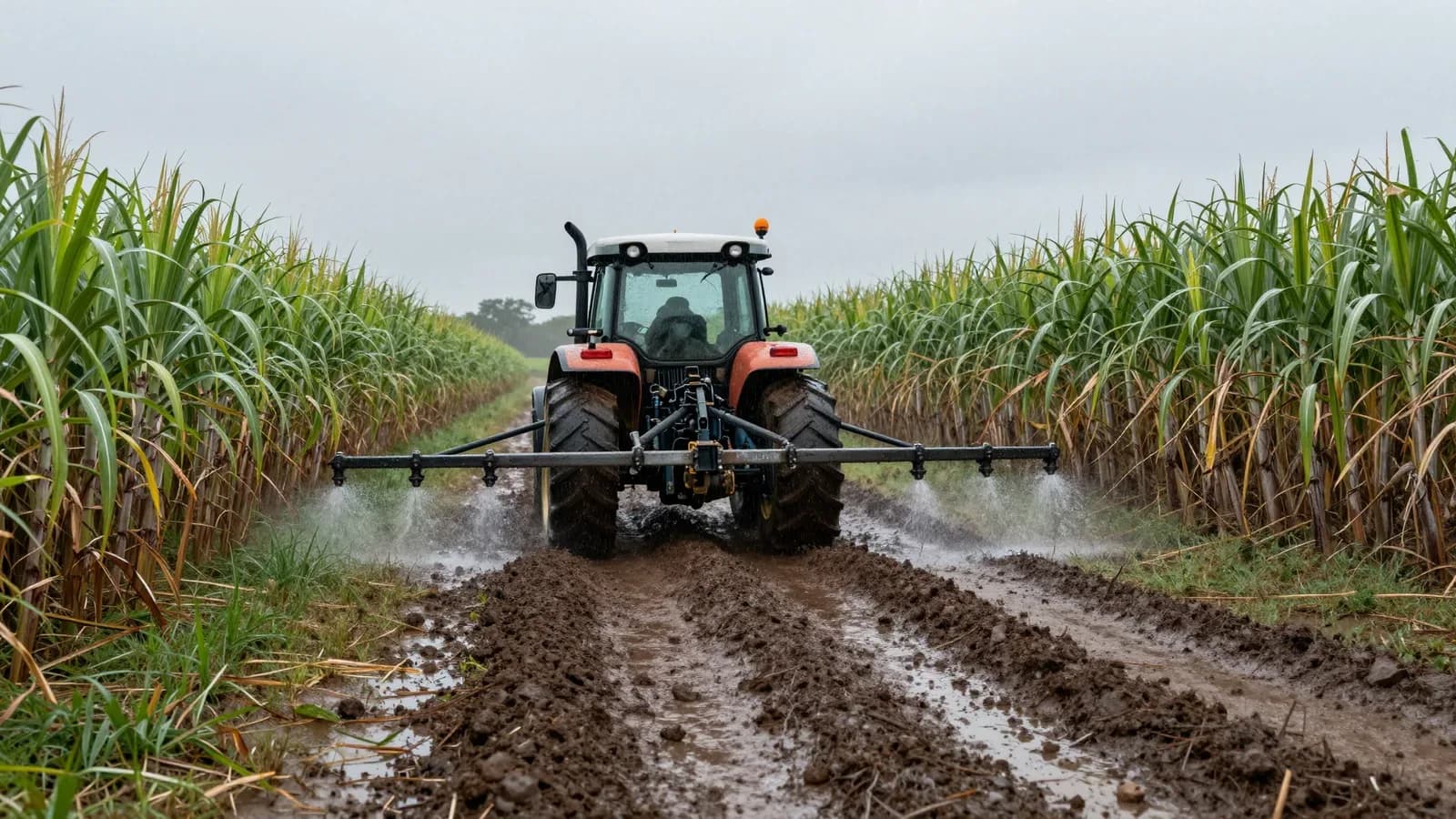 Tractor agrícola pulverizando un campo de caña de azúcar bajo un cielo gris y nublado.