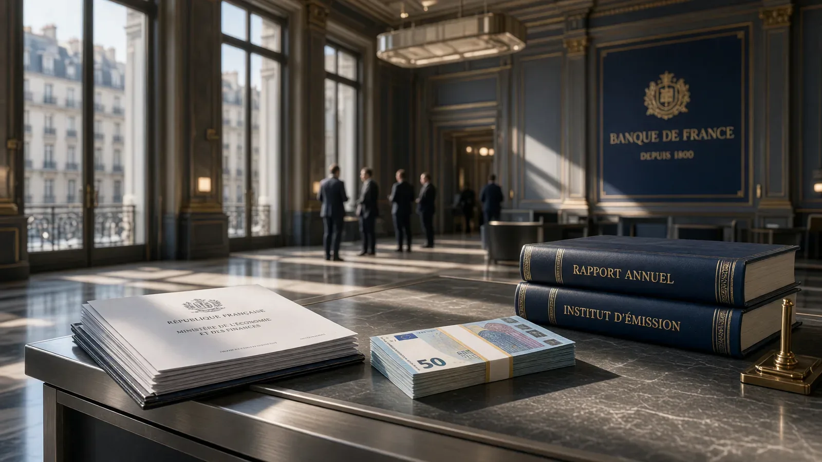 Interior elegante de institución financiera francesa con documentos, billetes de euro y ejecutivos reunidos, simbolizando operaciones de capital e inversión
