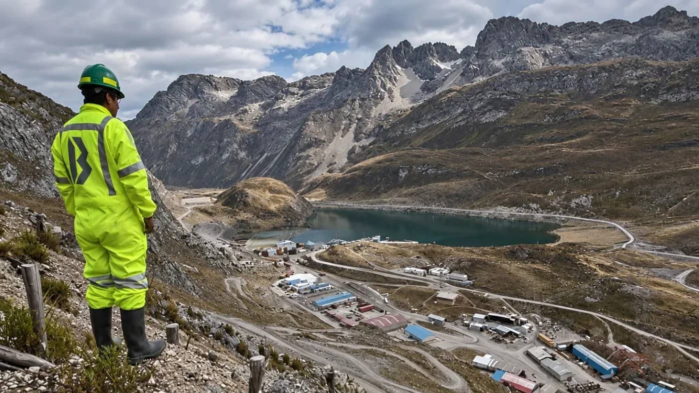 Trabajador en equipos de seguridad amarillo fluorescente observa operaciones mineras en valle andino con instalaciones industriales, lago y montañas rocosas al fondo