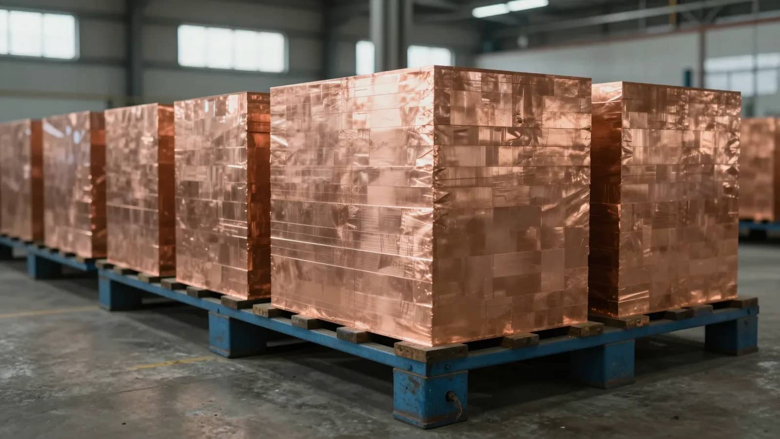 Lingotes de cobre refinado apilados en paletas de madera dentro de un almacén industrial con ventanas altas