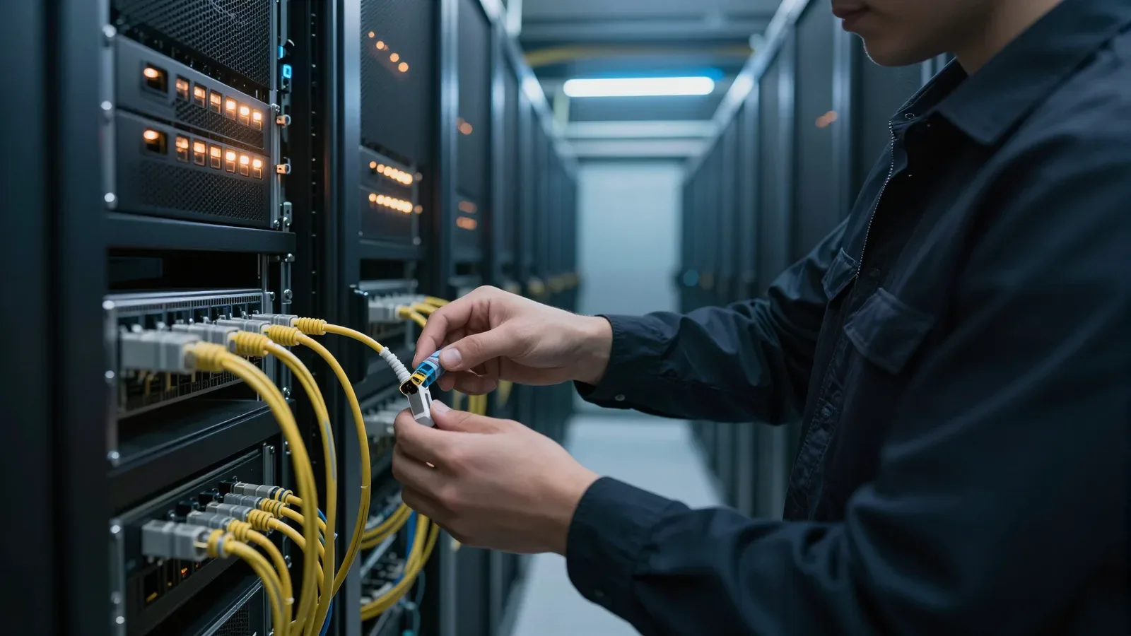 Técnico conectando cables de fibra óptica amarillos en un rack de servidores dentro de un centro de datos moderno.