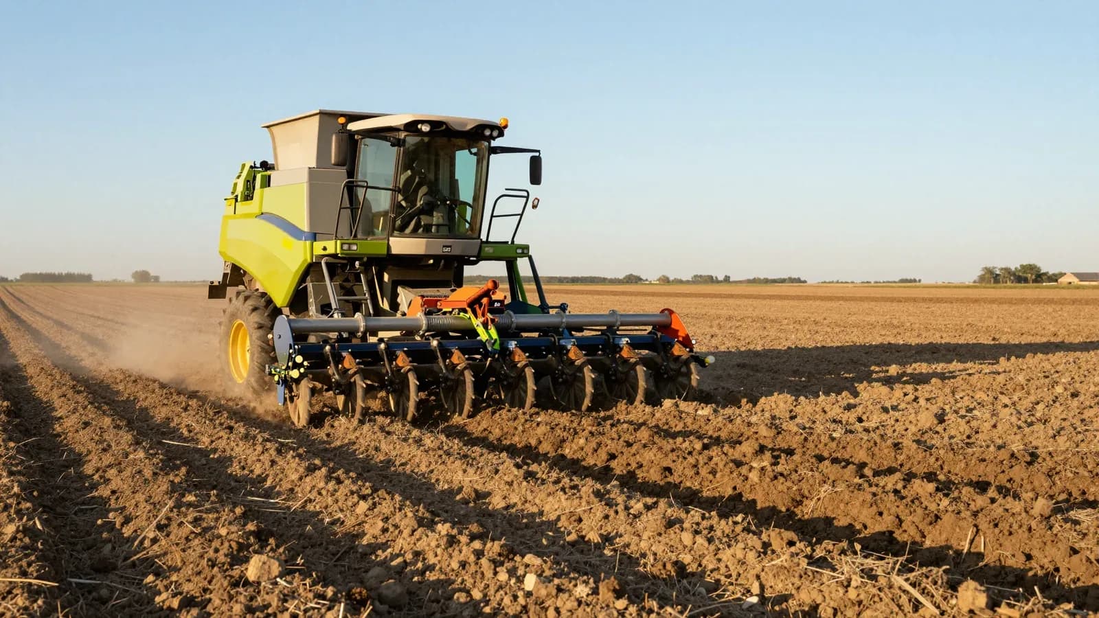 Sembradora agrícola verde trabajando en un campo de tierra bajo un cielo despejado y soleado.