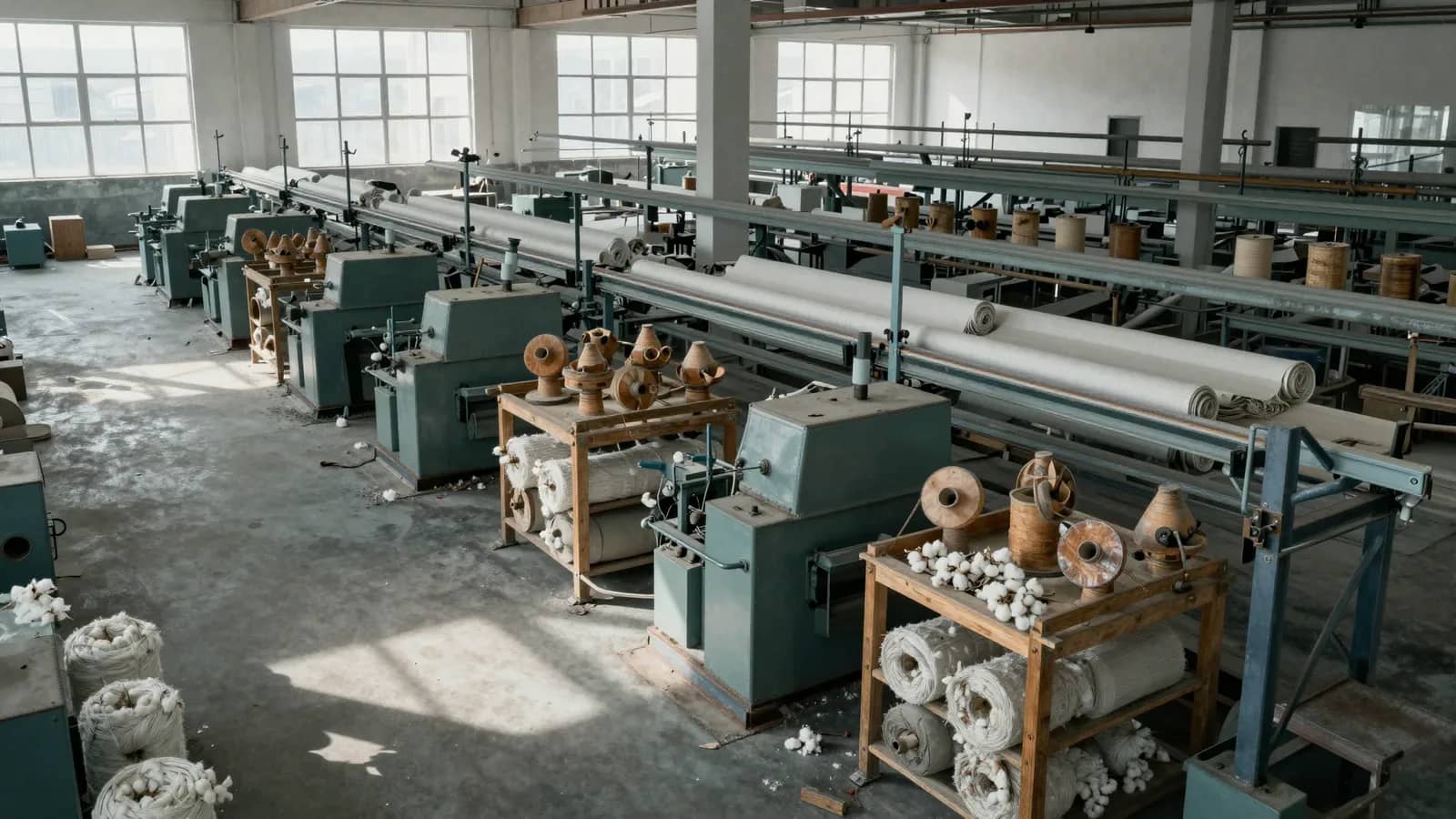 Planta textil abandonada con maquinaria industrial verde y rollos de tela