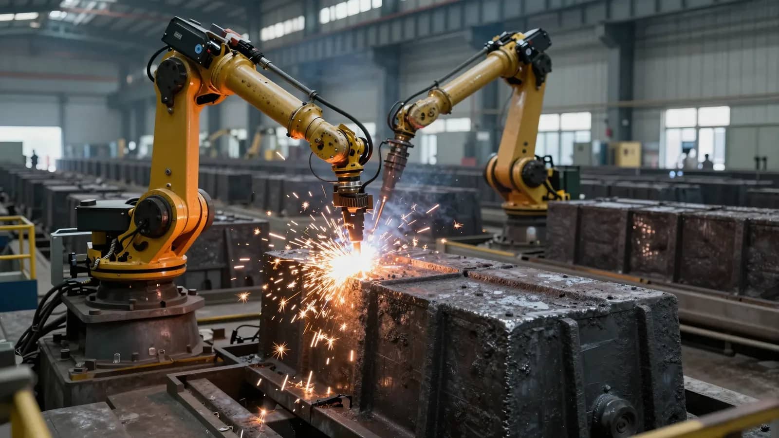 Brazos robóticos amarillos soldando grandes bloques de hierro en una planta industrial