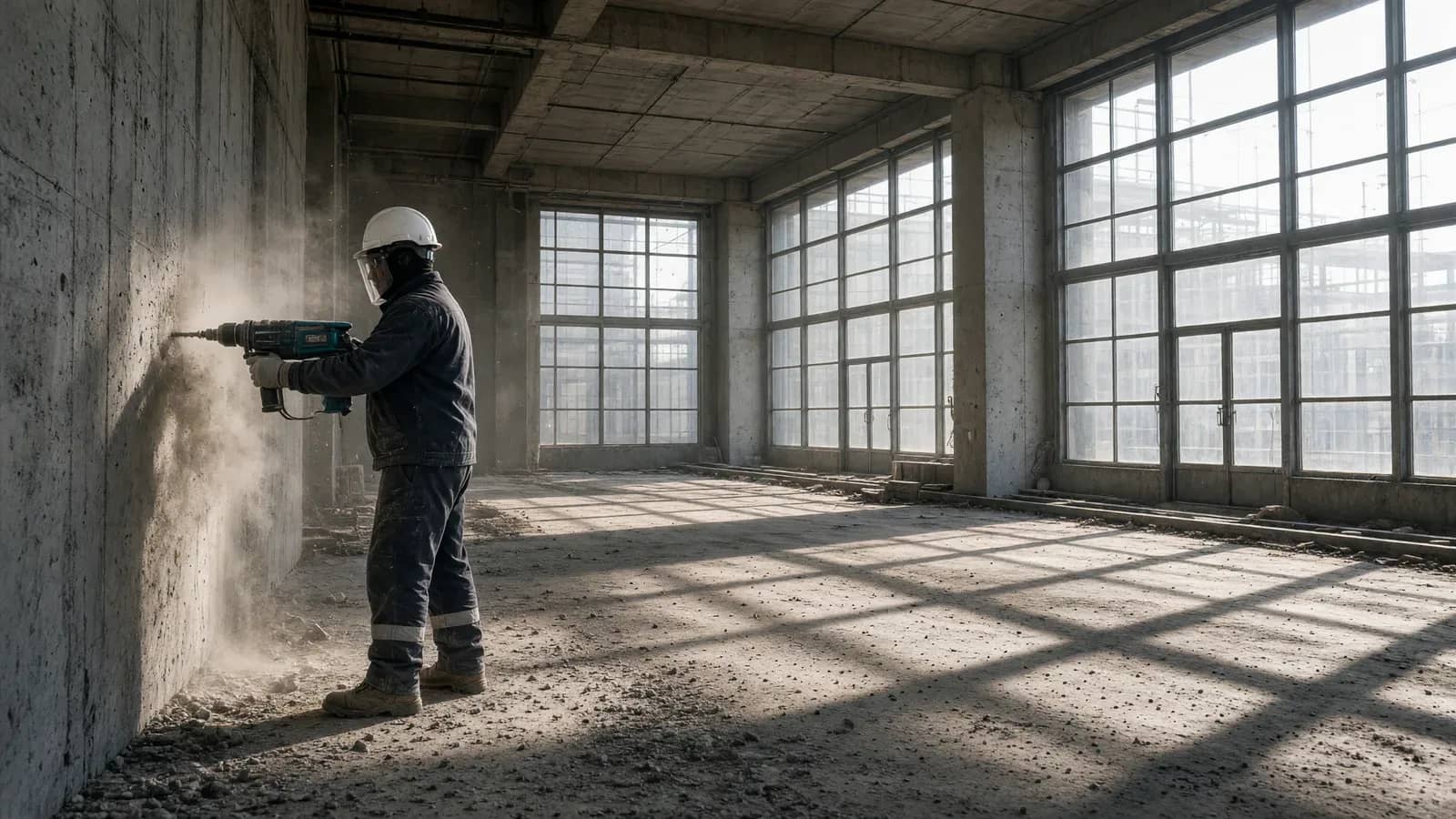 Trabajador con casco y equipo de protección perfora una pared de hormigón dentro de un edificio industrial en obras con grandes ventanales.