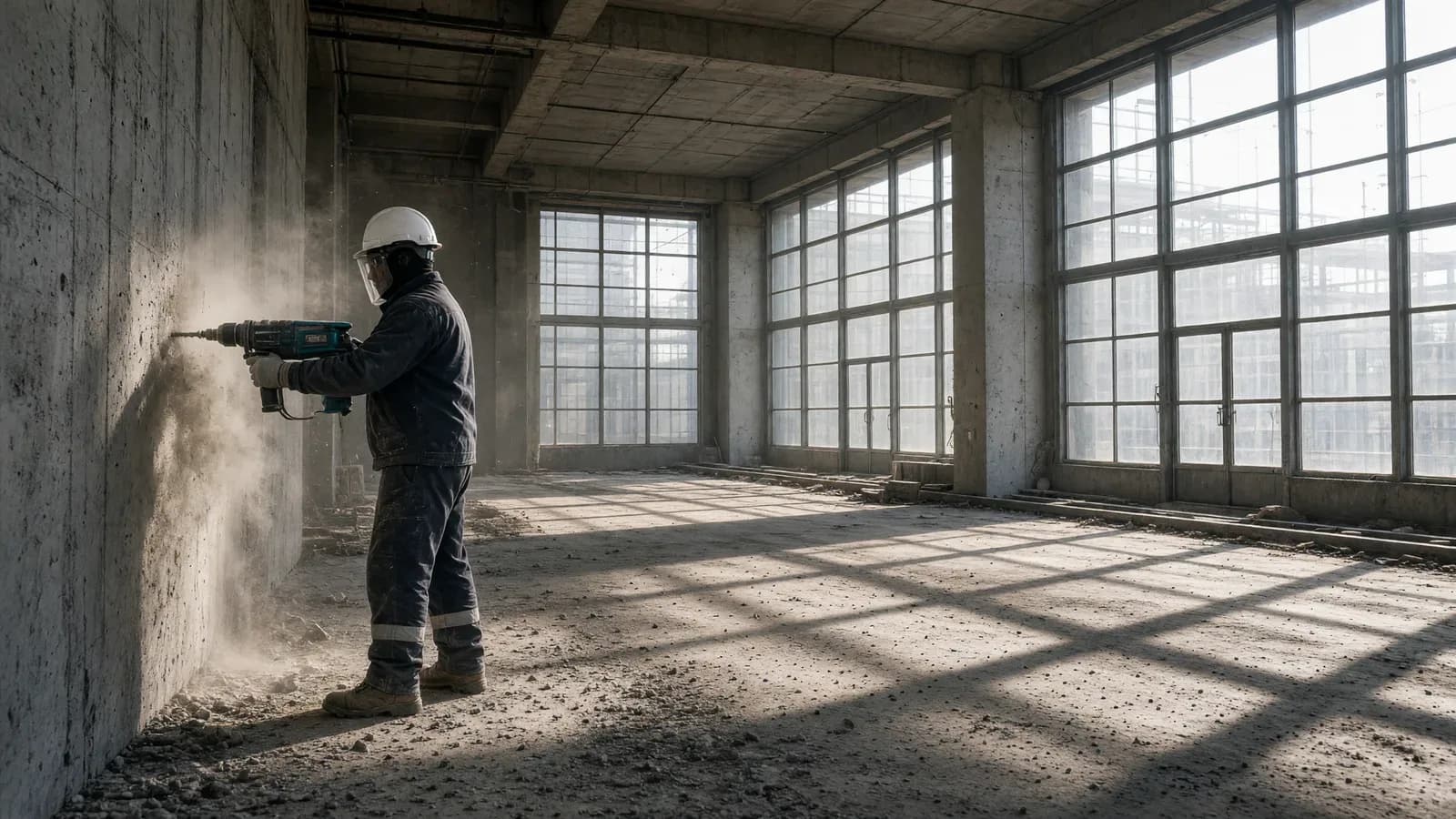 Trabajador con casco y equipo de protección perfora una pared de hormigón dentro de un edificio industrial en obras con grandes ventanales.
