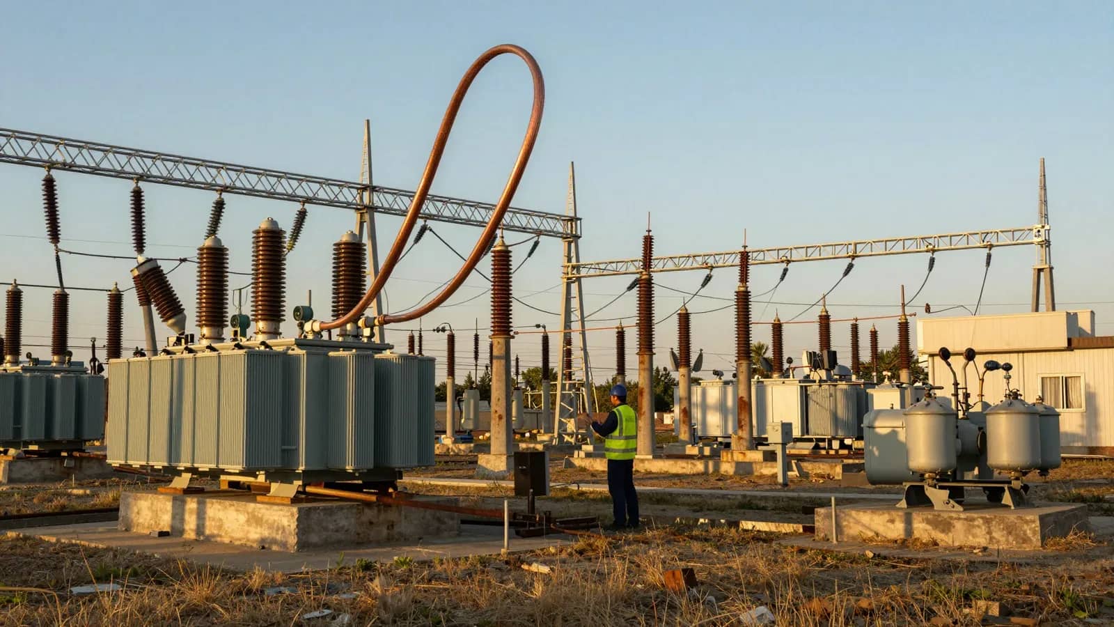 Trabajador inspeccionando un transformador eléctrico en una subestación al atardecer.