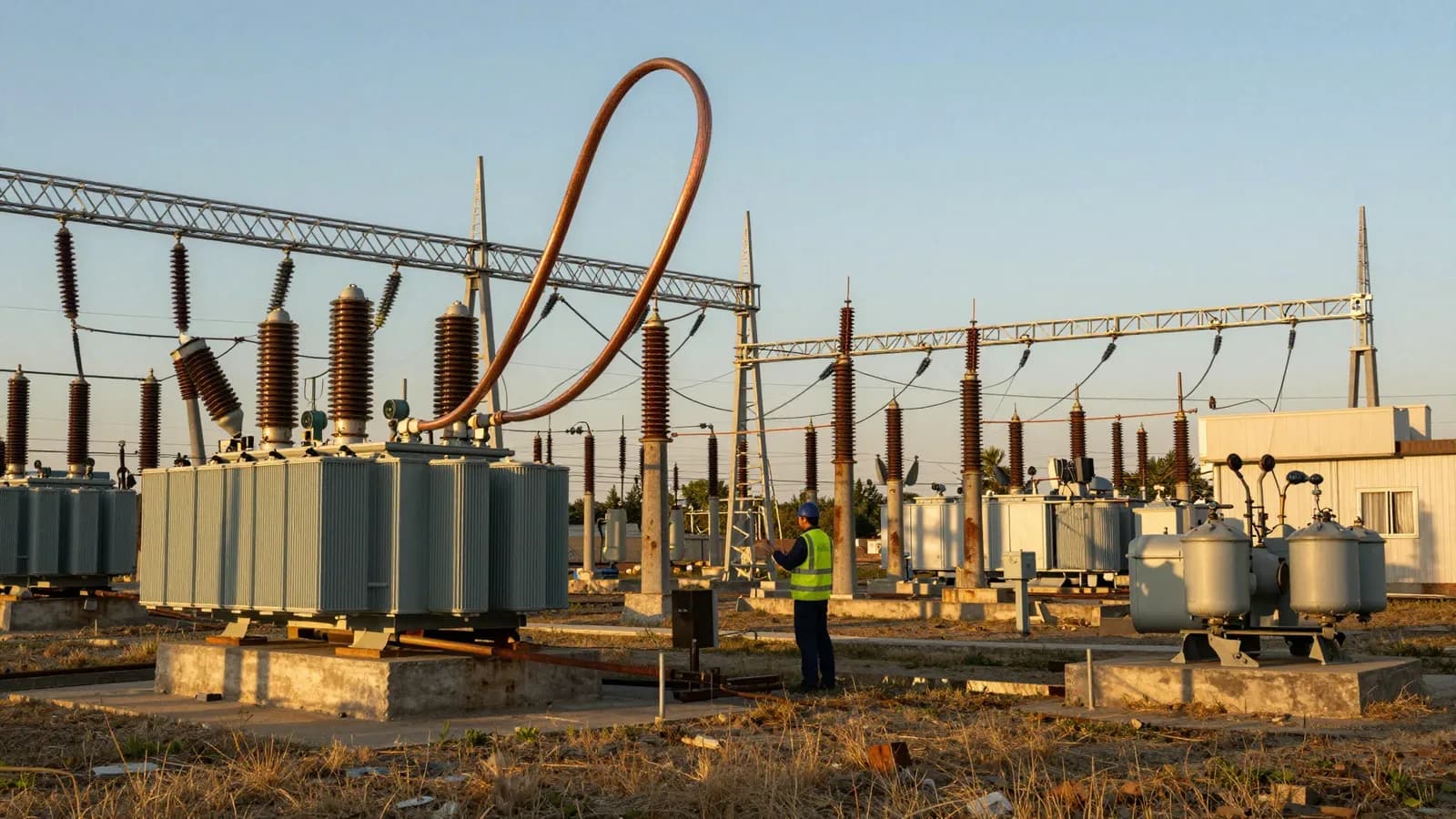 Trabajador inspeccionando un transformador eléctrico en una subestación al atardecer.
