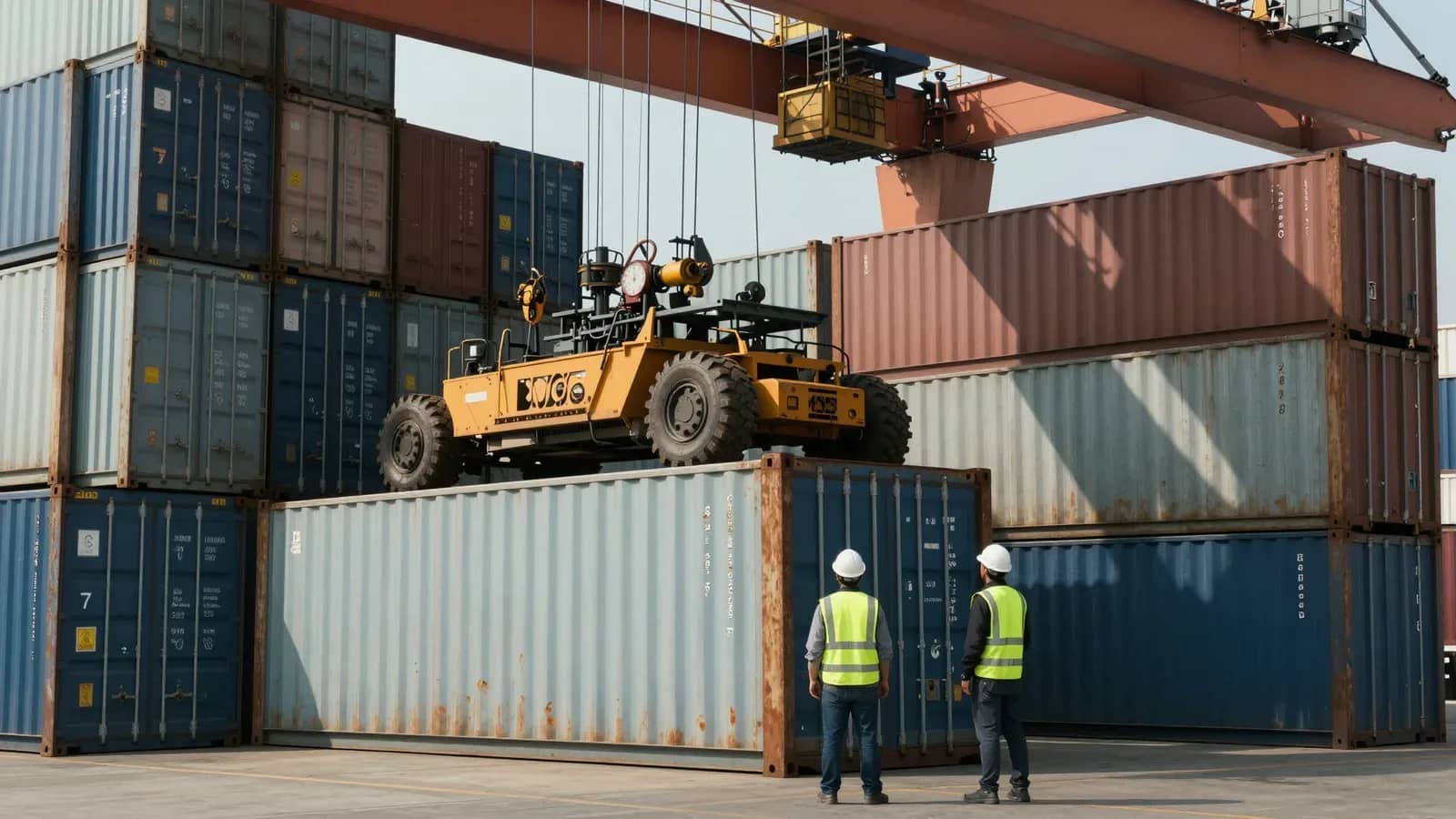 Operarios observan una grúa de puerto manipulando contenedores de carga en un patio de almacenamiento.