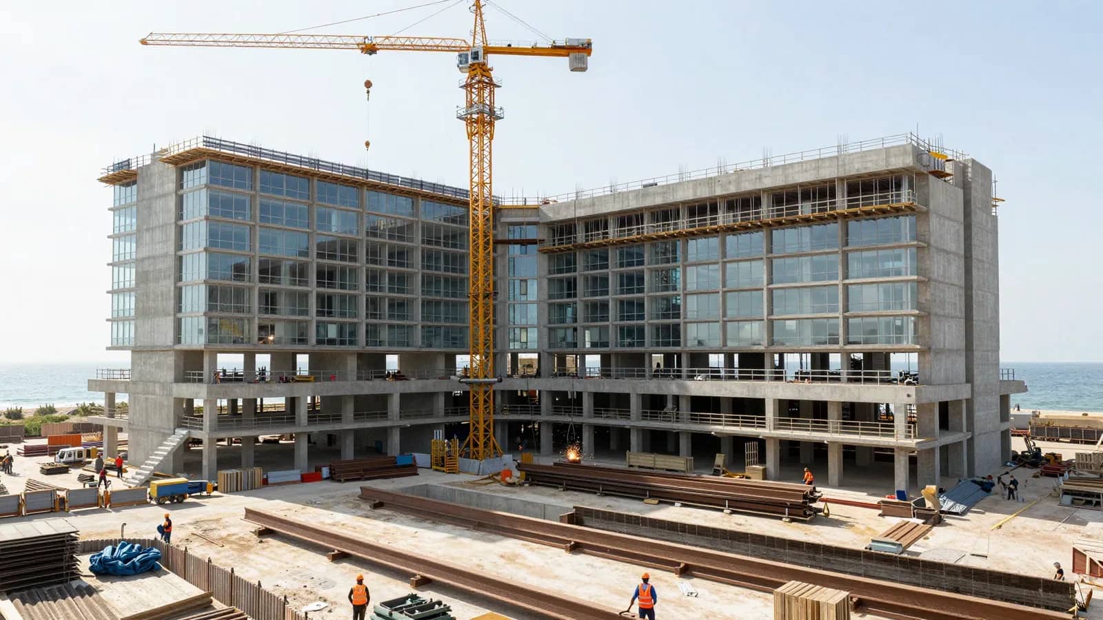 Obra de construcción de un complejo mixto moderno frente al mar