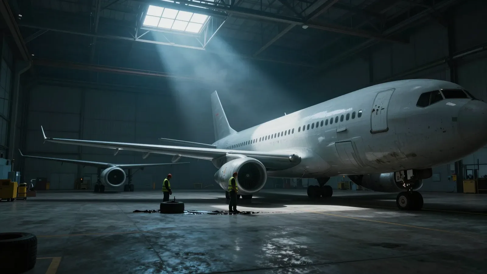 Vista de una aeronave comercial estacionada en un hangar industrial, con técnicos trabajando en el suelo bajo la luz natural de una claraboya.