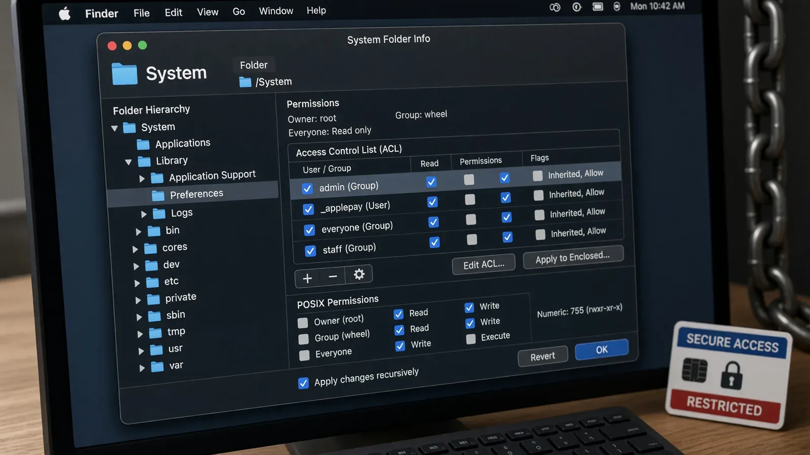 Pantalla de macOS mostrando ventana de permisos del sistema de archivos con controles de acceso y carpetas del sistema, junto a un badge de 'SECURE ACCESS RESTRICTED' en escritorio