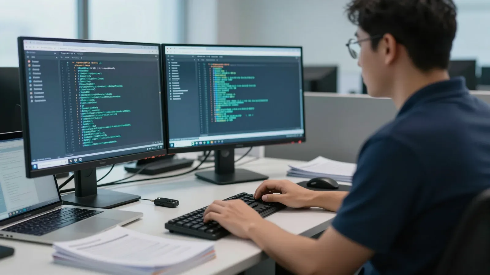 Desarrollador programando en computadoras múltiples
